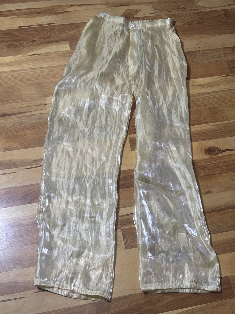 Vintage VARENNE Sheer Metallic Wide-Leg Pants in Champagne Yellow, Medium
